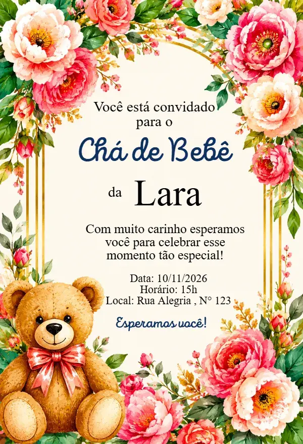 Luxury Floral Baby Shower Invitation with Watercolor Teddy Bear