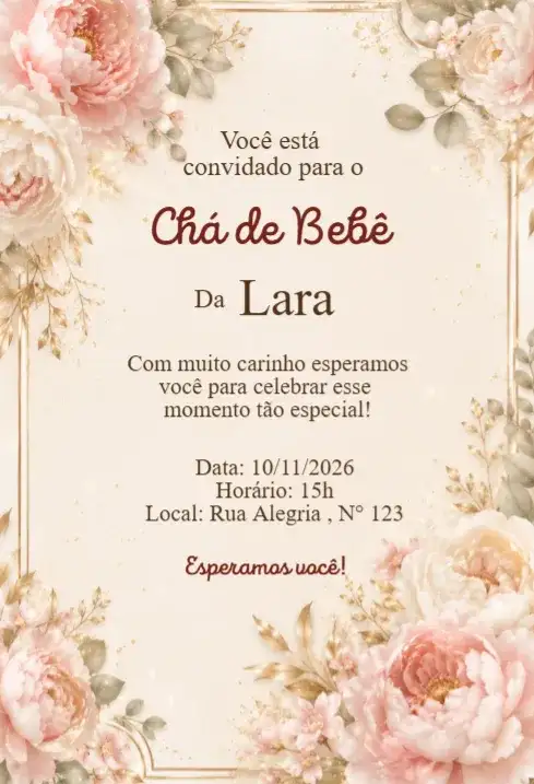 Convite Chá de Bebê Floral Peônias Rosé Elegante