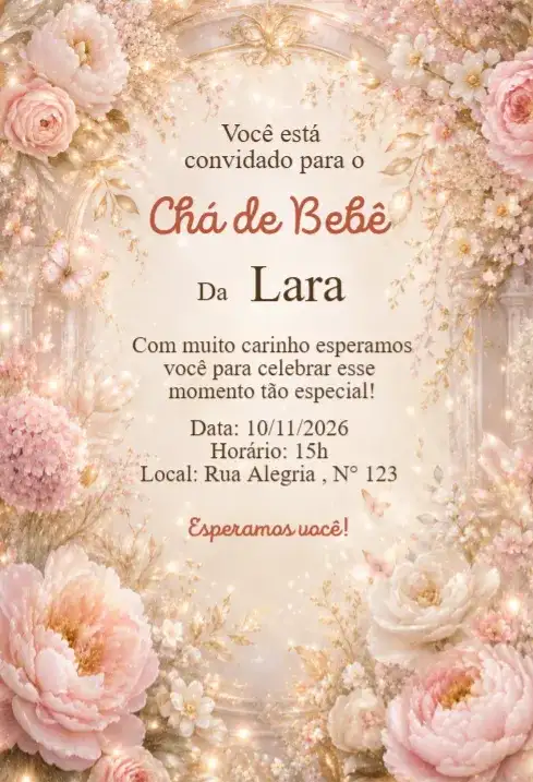 Convite Chá de Bebê Floral Romântico Rosé Luxo