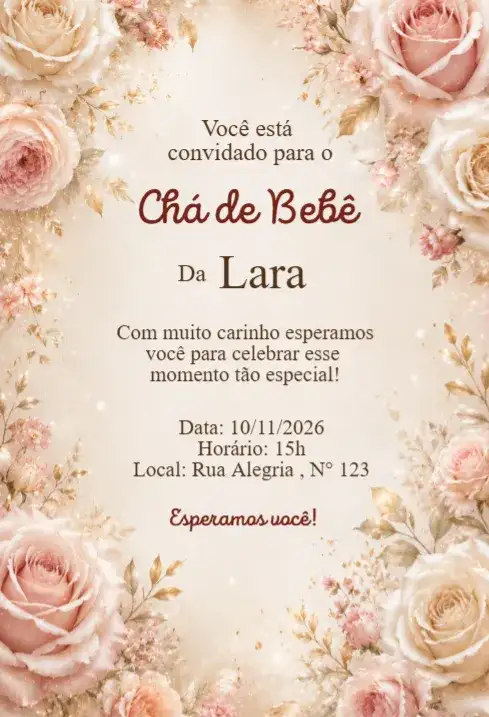 Convite Chá de Bebê Floral Rosas Delicadas Elegante
