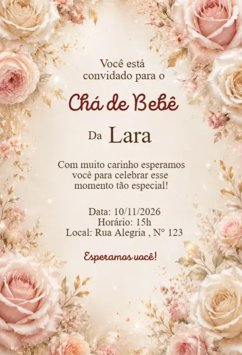 Invitación Convite Chá de Bebê Floral Rosas Delicadas Elegante – tema Chá de Fraldas floral, romântico, elegante, delicado, suave, colorido
