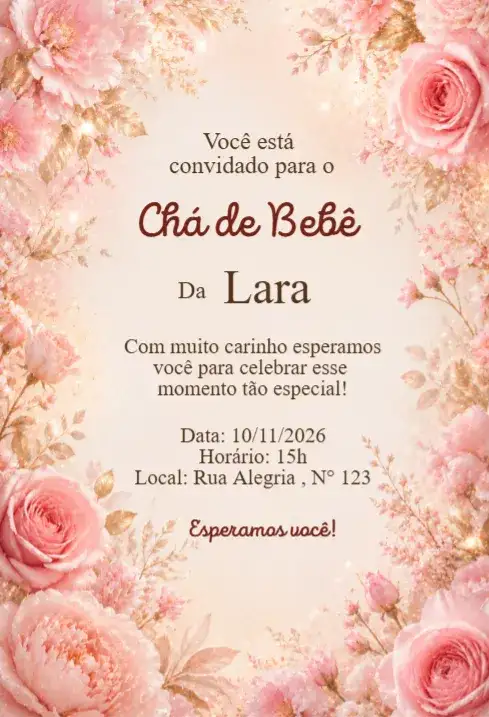 Convite Chá de Bebê Floral Rosas Rosé Elegante