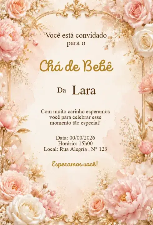 Invitación Convite Chá de Bebê Floral Rosé Elegante – tema Chá de Fraldas floral, elegante, rosé, dourado, romântico, moderno