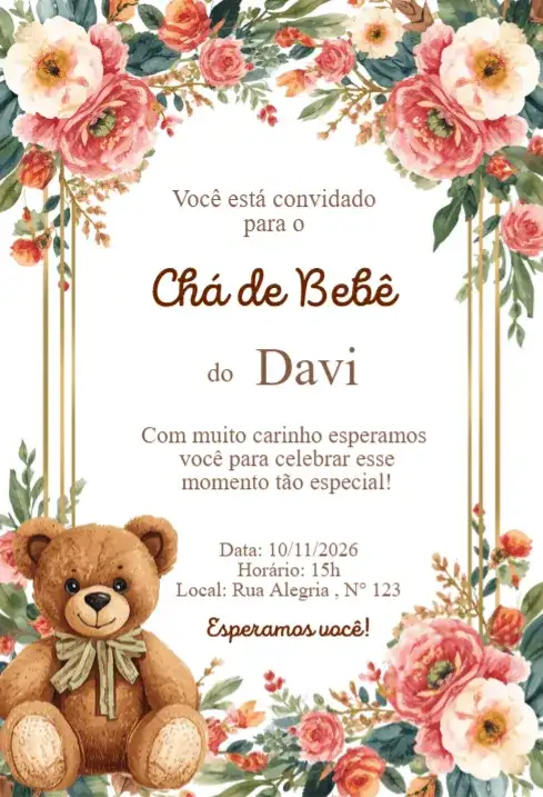 Convite Chá de Bebê Floral Vintage com Ursinho