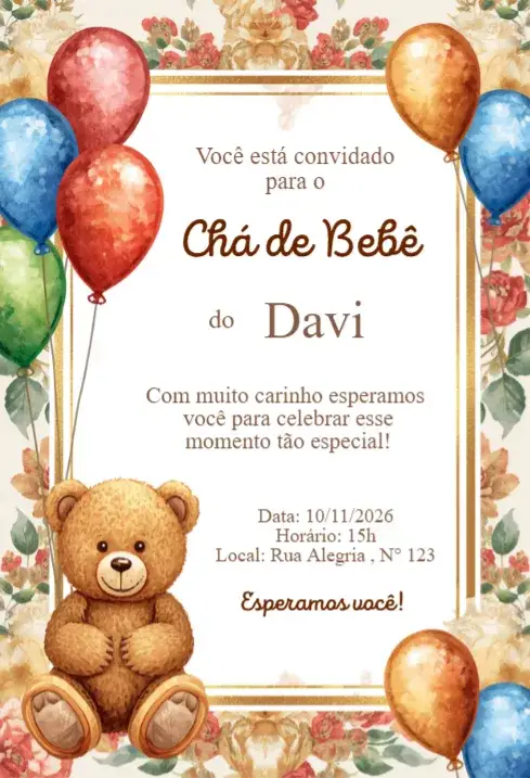 Invitación Convite Chá de Bebê Floral Vintage com Ursinho e Balões – tema Chá de Fraldas floral, vintage, delicado, colorido, fofo, elegante