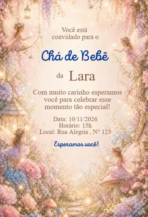 Convite Chá de Bebê Jardim Encantado com Fadas Floral