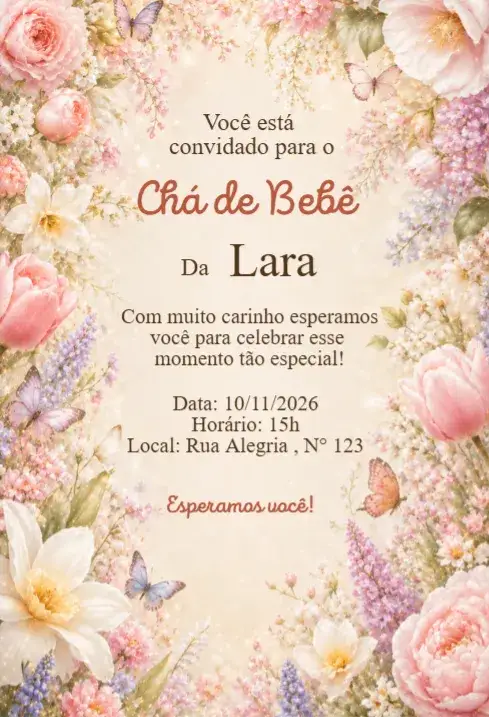Invitación Convite Chá de Bebê Jardim Floral com Borboletas – tema Chá de Fraldas floral, romântico, primavera, delicado, colorido, elegante