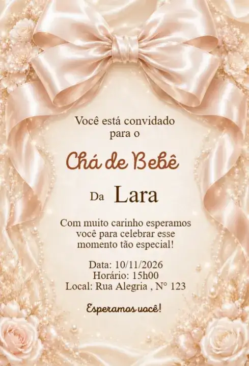 Convite Chá de Bebê Laço Champagne Luxo Elegante