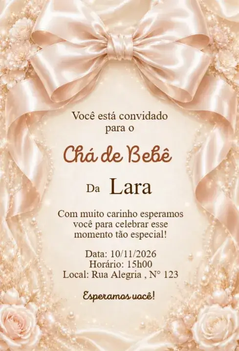 Invitación Convite Chá de Bebê Laço Champagne Luxo Elegante – tema Chá de Fraldas elegante, luxuoso, champagne, pérolas, sofisticado, clássico