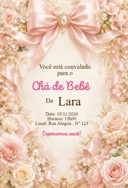Invitación Convite Chá de Bebê Laço Floral Rosé Elegante – tema Chá de Fraldas floral, elegante, romântico, delicado, rosé, moderno