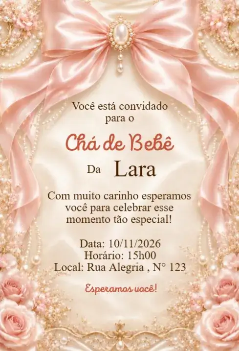 Convite Chá de Bebê Laço Rosé Luxo com Pérolas