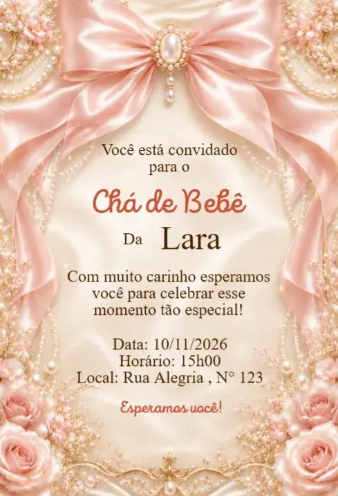 Invitación Convite Chá de Bebê Laço Rosé Luxo com Pérolas – tema Chá de Fraldas rosé, luxo, floral, elegante, delicado, moderno