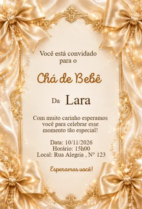 Convite Chá de Bebê Laços Dourados Luxo Elegante
