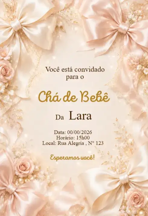 Convite Chá de Bebê Laços Elegantes Rosé e Dourado