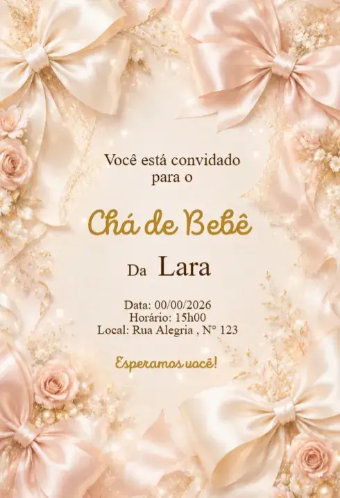 Invitación Convite Chá de Bebê Laços Elegantes Rosé e Dourado – tema Chá de Fraldas rosé, dourado, floral, elegante, luxo, moderno