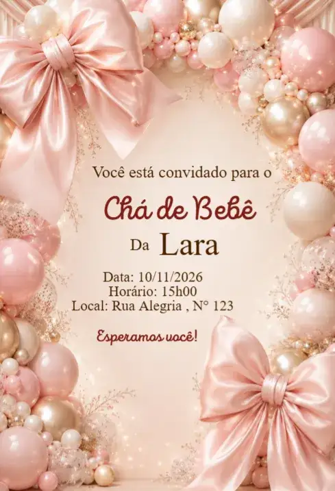 Invitación Convite Chá de Bebê Laços Rosé com Balões Elegante – tema Chá de Fraldas rosé, balões, delicado, elegante, luxo, moderno