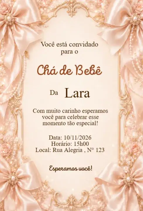 Convite Chá de Bebê Laços Rosé com Pérolas Elegante
