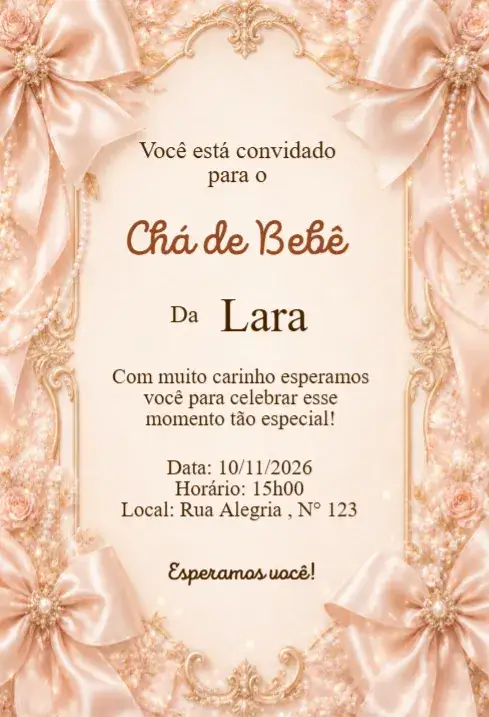 Invitación Convite Chá de Bebê Laços Rosé com Pérolas Elegante – tema Chá de Fraldas rosé, pérolas, floral, elegante, luxo, delicado
