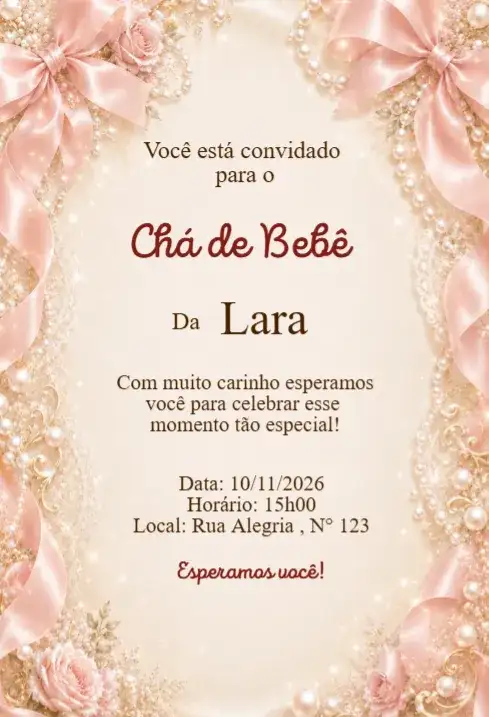 Convite Chá de Bebê Laços Rosé com Pérolas Luxo