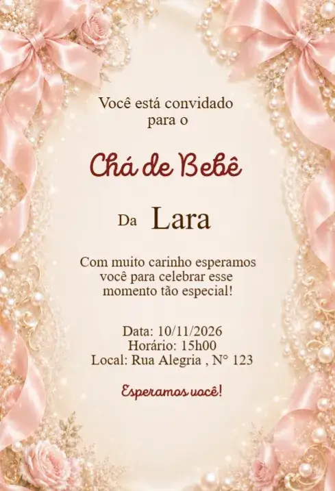 Invitación Convite Chá de Bebê Laços Rosé com Pérolas Luxo – tema Chá de Fraldas rosé, pérolas, floral, elegante, luxo
