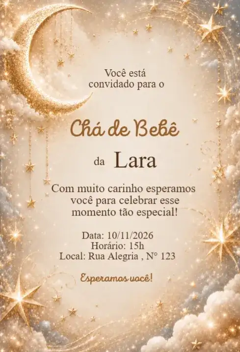 Convite Chá de Bebê Lua e Estrelas Dourado Elegante