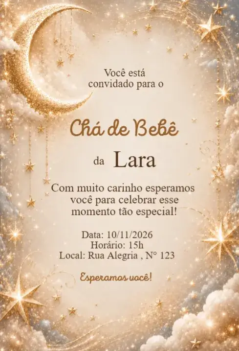 Invitación Convite Chá de Bebê Lua e Estrelas Dourado Elegante – tema Chá de Fraldas dourado, celestial, delicado, moderno, elegante