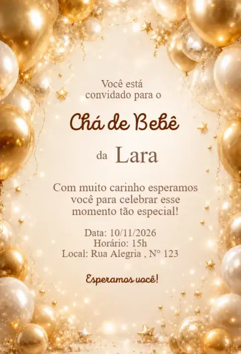 Convite Chá de Bebê Luxo com Balões Dourados Elegante