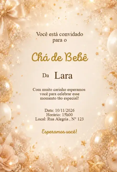 Convite Chá de Bebê Luxo Dourado com Laço Elegante