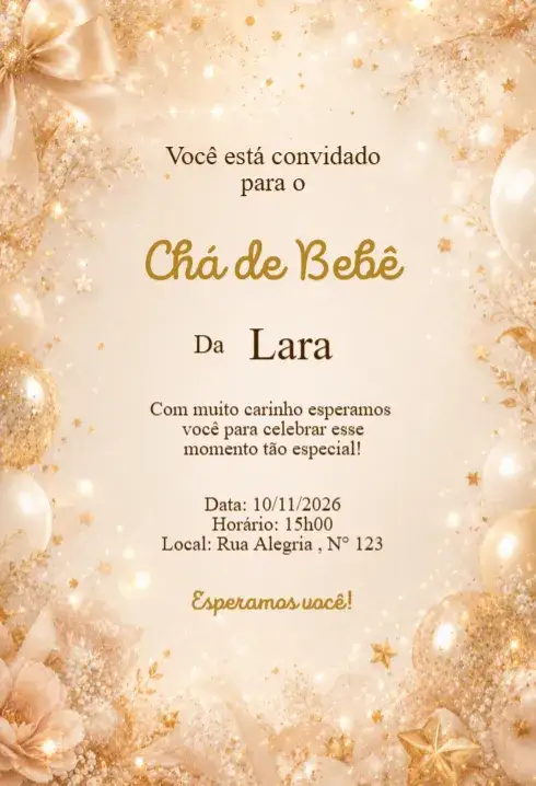 Invitación Convite Chá de Bebê Luxo Dourado com Laço Elegante – tema Chá de Fraldas dourado, elegante, clássico, luxuoso, moderno