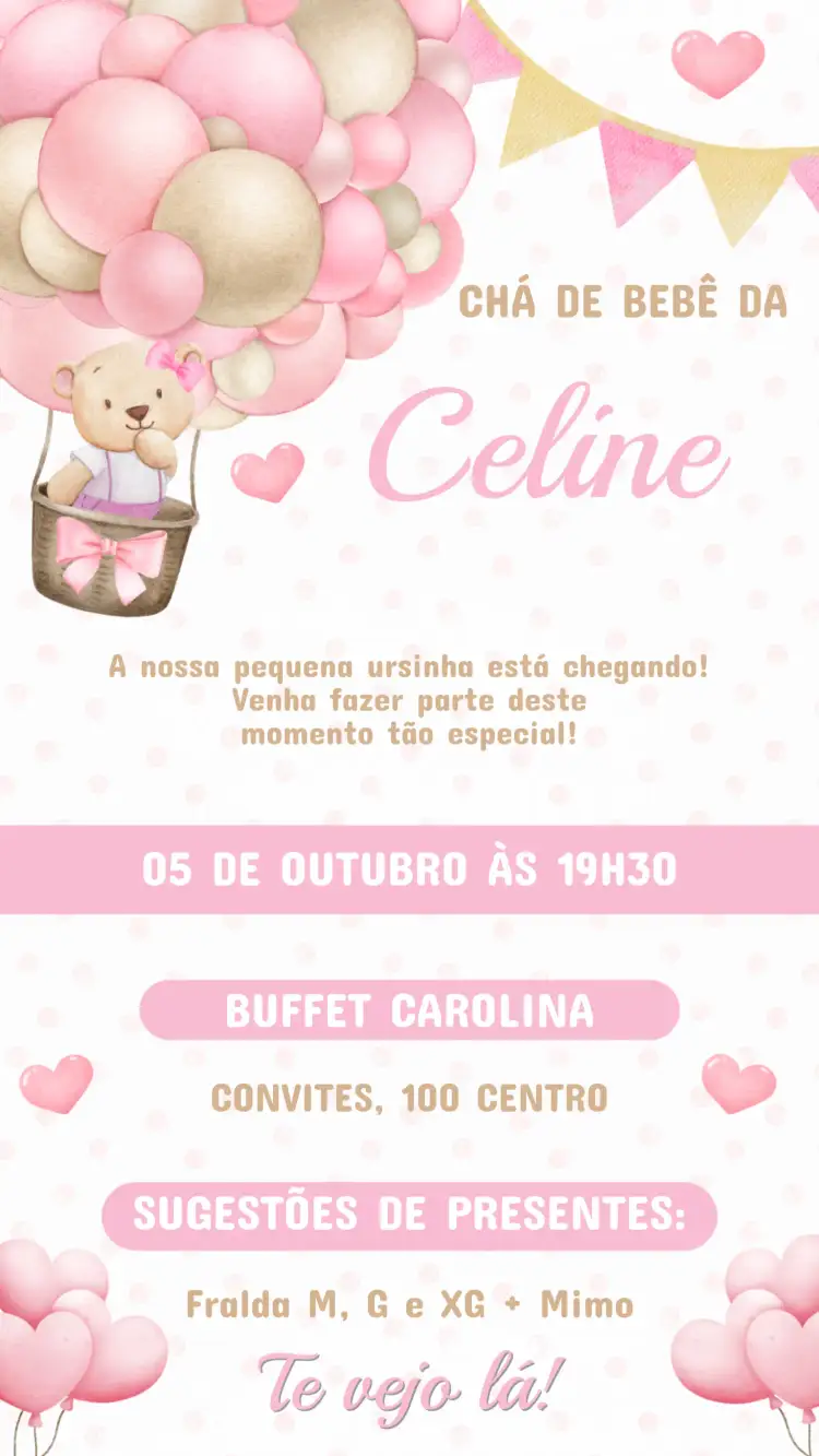 Convite Convite Chá de Bebê Menina – tema Chá de Fraldas delicado, floral, pastel, moderno, lúdico, divertido