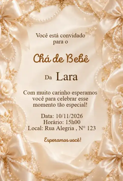 Convite Chá de Bebê Pérolas e Laços Dourados Elegante