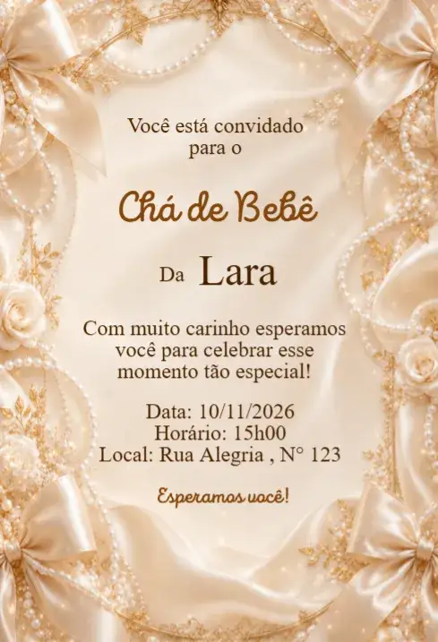 Invitación Convite Chá de Bebê Pérolas e Laços Dourados Elegante – tema Chá de Fraldas dourado, elegante, clássico, luxuoso, feminino, delicado