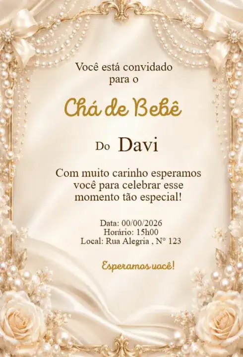 Convite Chá de Bebê Pérolas e Renda Elegante