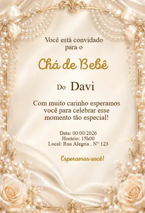 Invitación Convite Chá de Bebê Pérolas e Renda Elegante – tema Chá de Fraldas elegante, dourado, clássico, suave, romântico, luxuoso
