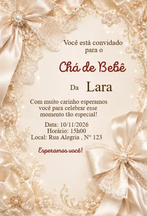 Convite Chá de Bebê Renda e Laços Champagne Luxo