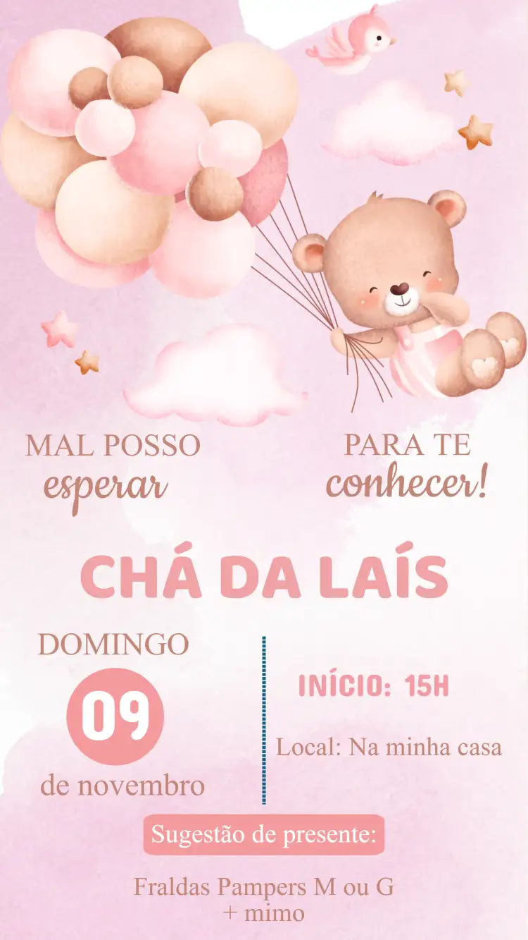 Convite Convite Chá de Bebê rosa – tema Chá de Fraldas rosa suave, floral, delicado, moderno, infantil, elegante