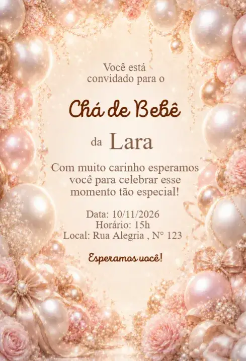 Invitación Convite Chá de Bebê Rosé Luxo com Balões e Laços – tema Chá de Fraldas rosé, elegante, delicado, moderno, balões, laços