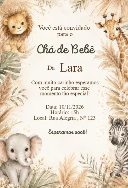 Invitación Convite Chá de Bebê Safari Boho com Animais da Selva – tema Chá de Fraldas boho, safari, animais da selva, cores suaves, elementos naturais, divertido