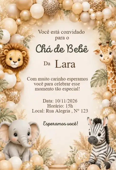 Convite Chá de Bebê Safari com Balões Bege e Dourados Categoria