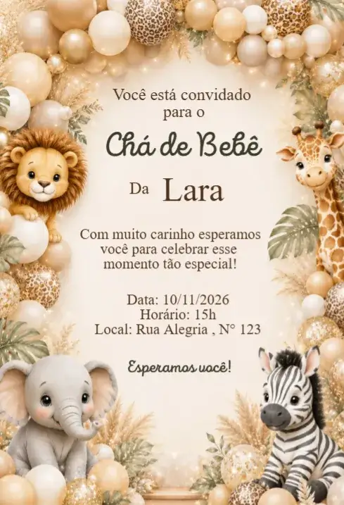 Invitación Convite Chá de Bebê Safari com Balões Bege e Dourados Categoria – tema Chá de Fraldas safari, bege, dourado, animais, natural
