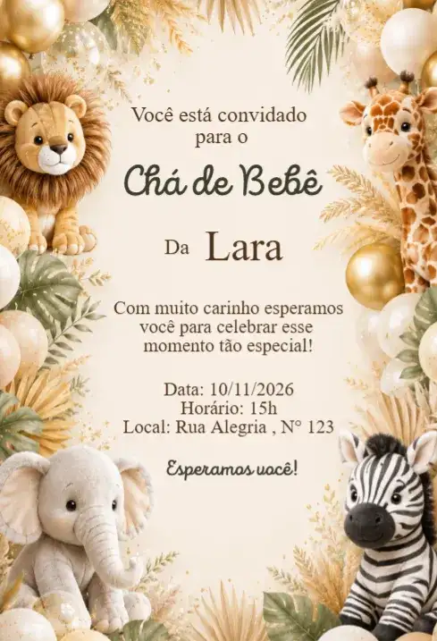 Convite Chá de Bebê Safari com Balões Dourados