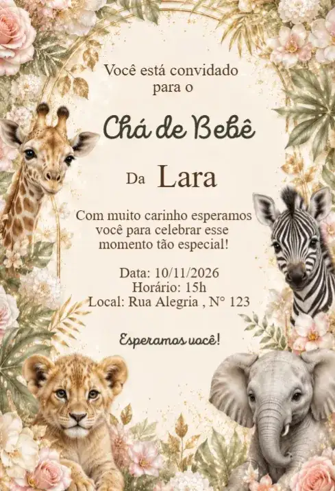Convite Chá de Bebê Safari Floral Boho Elegante