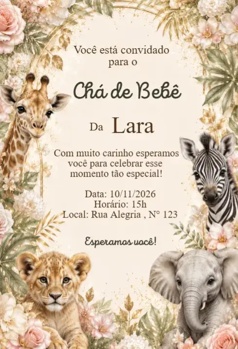 Invitación Convite Chá de Bebê Safari Floral Boho Elegante – tema Chá de Fraldas safari, floral, boho, colorido, elegante, divertido