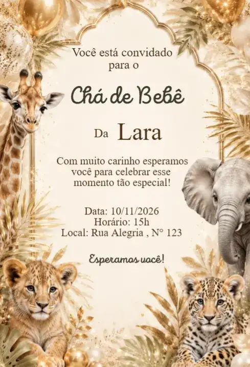 Convite Chá de Bebê Safari Luxo com Animais da Selva