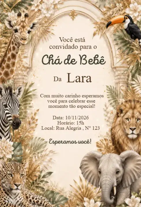 Convite Chá de Bebê Safari Luxo com Animais Selvagens