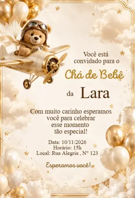 Invitación Convite Chá de Bebê Ursinho Aviador com Balões Dourados – tema Chá de Fraldas dourado, infantil, aviador, elegante, moderno, lúdico