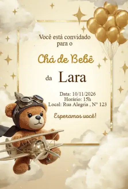 Convite Chá de Bebê Ursinho Aviador Dourado Editável | Convite Digital