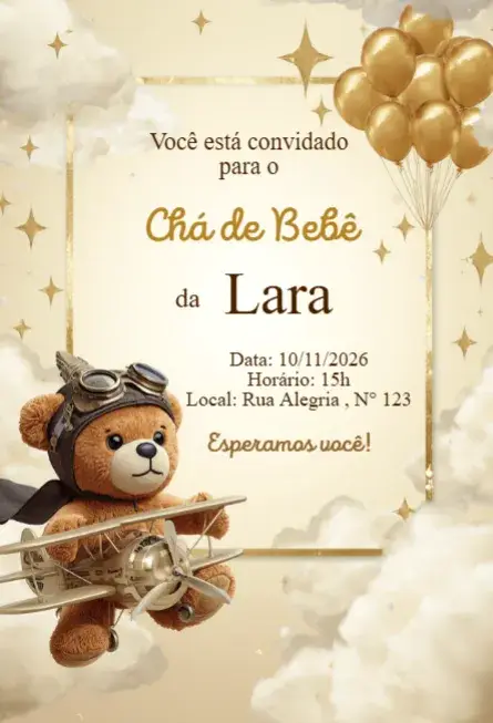 Editable Golden Aviator Teddy Bear Baby Shower Invitation | Digital Invitation