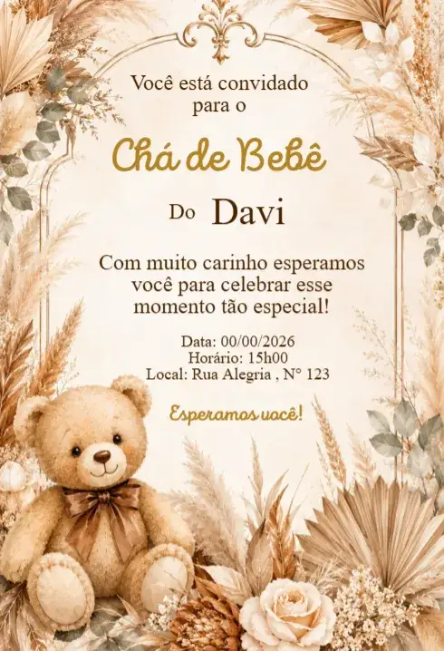 Invitación Convite Chá de Bebê Ursinho Boho Bege – tema Chá de Fraldas boho, rústico, elegante, floral, neutro, natural