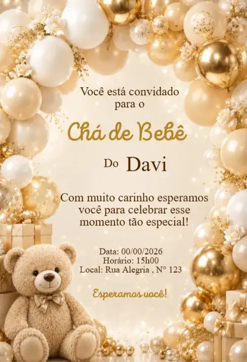 Convite Chá de Bebê Ursinho com Balões Brancos e Dourados